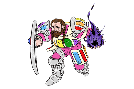 Warrior weilding a shield and purple magic flames.